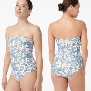 J. Crew Ruched Bandeau One Piece Swimsuit White Floral Print Plus Size 22
